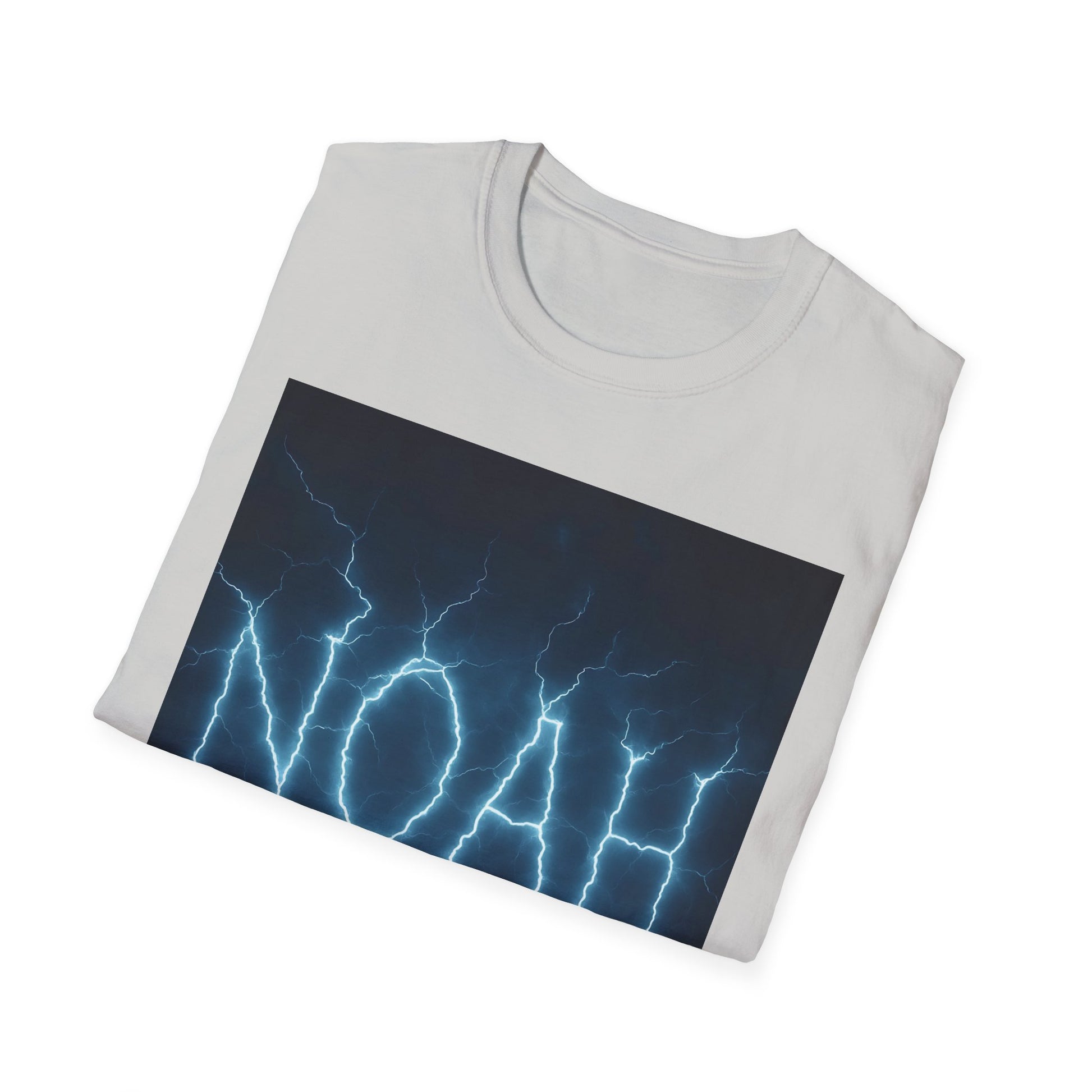 White crew-neck T-shirt folded flat with a dark blue rectangular panel featuring bright blue lightning bolts.