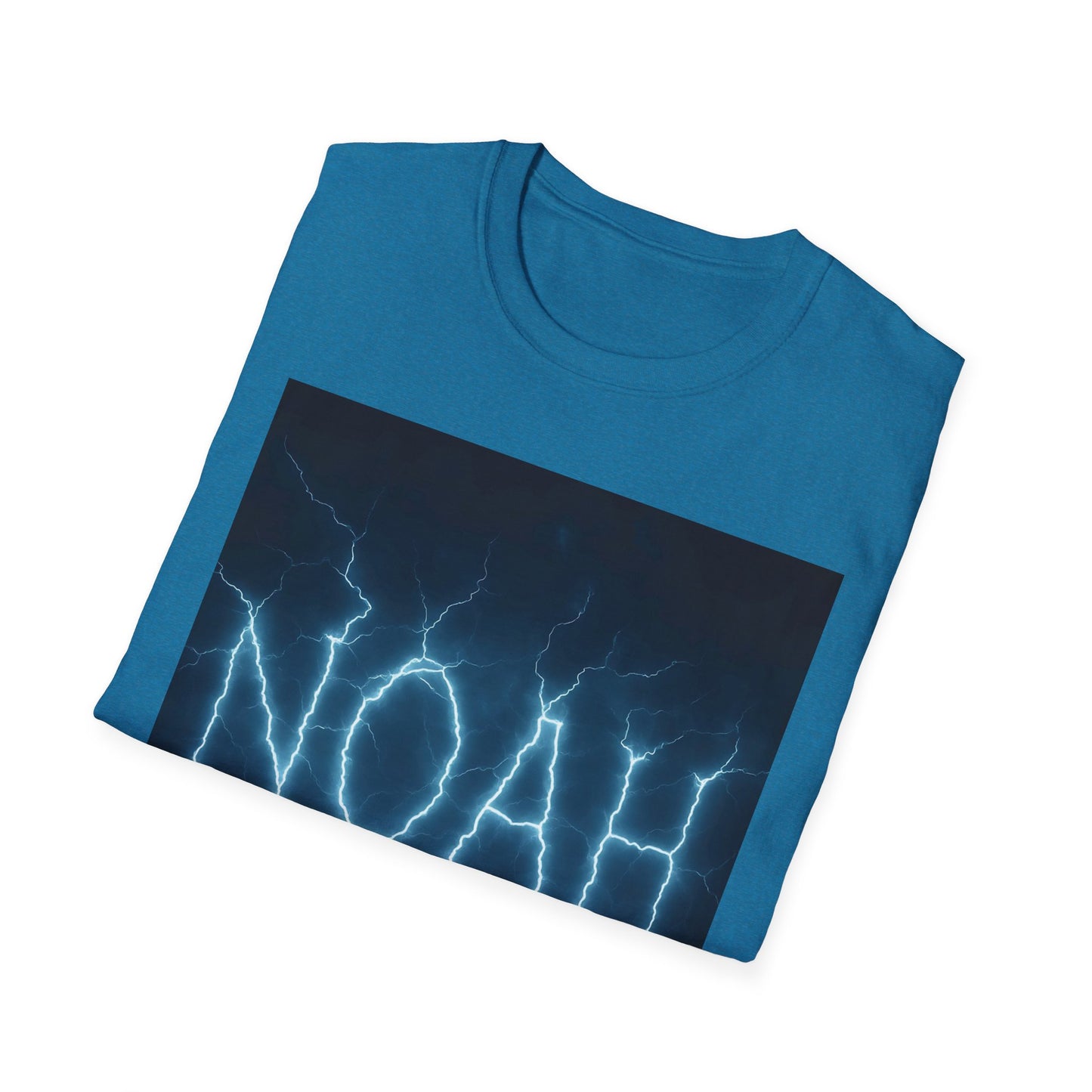 Blue short-sleeve T-shirt with a large dark blue rectangle graphic showing bright white lightning bolts.