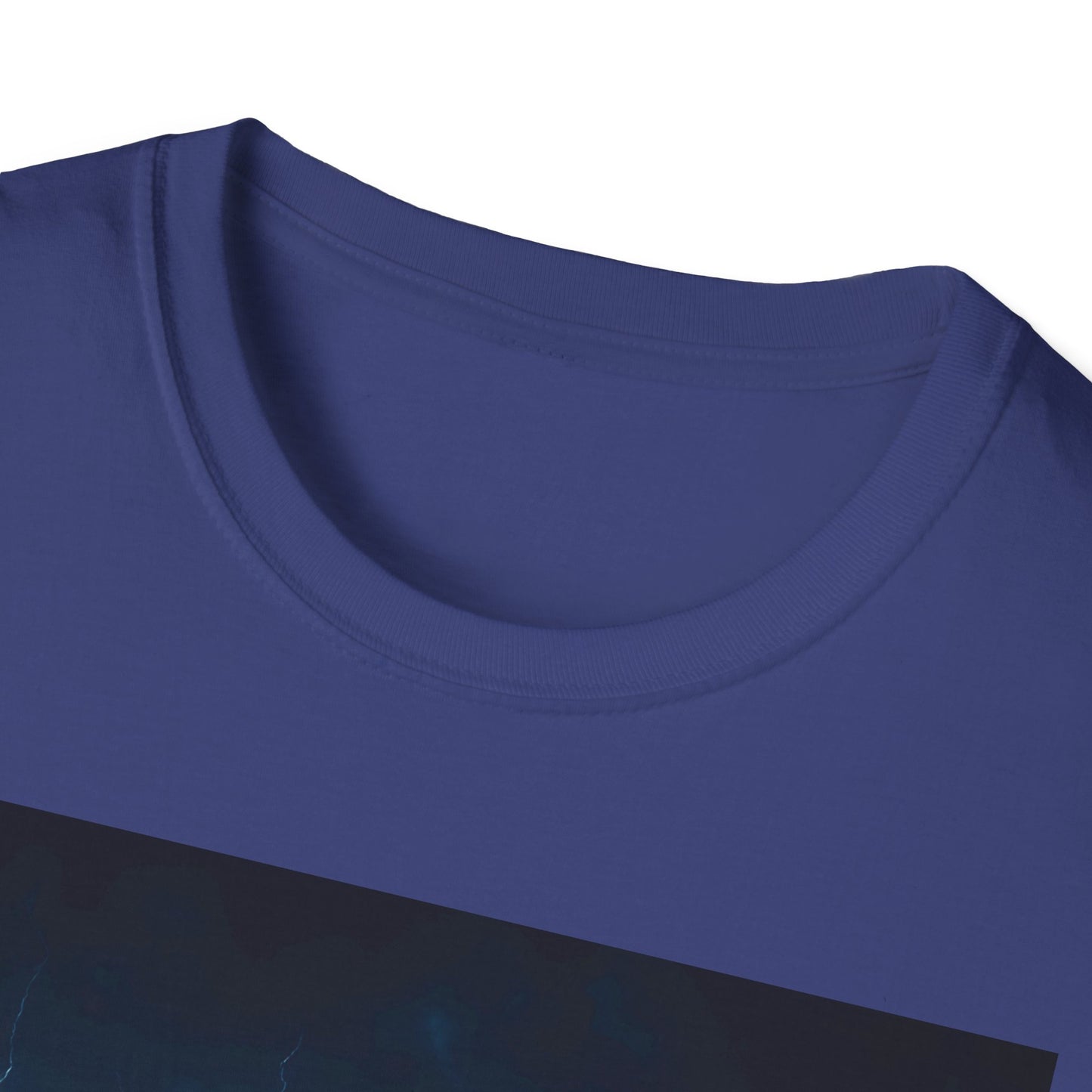 Close-up of a royal blue crew-neck T-shirt with a dark rectangular graphic at the bottom.