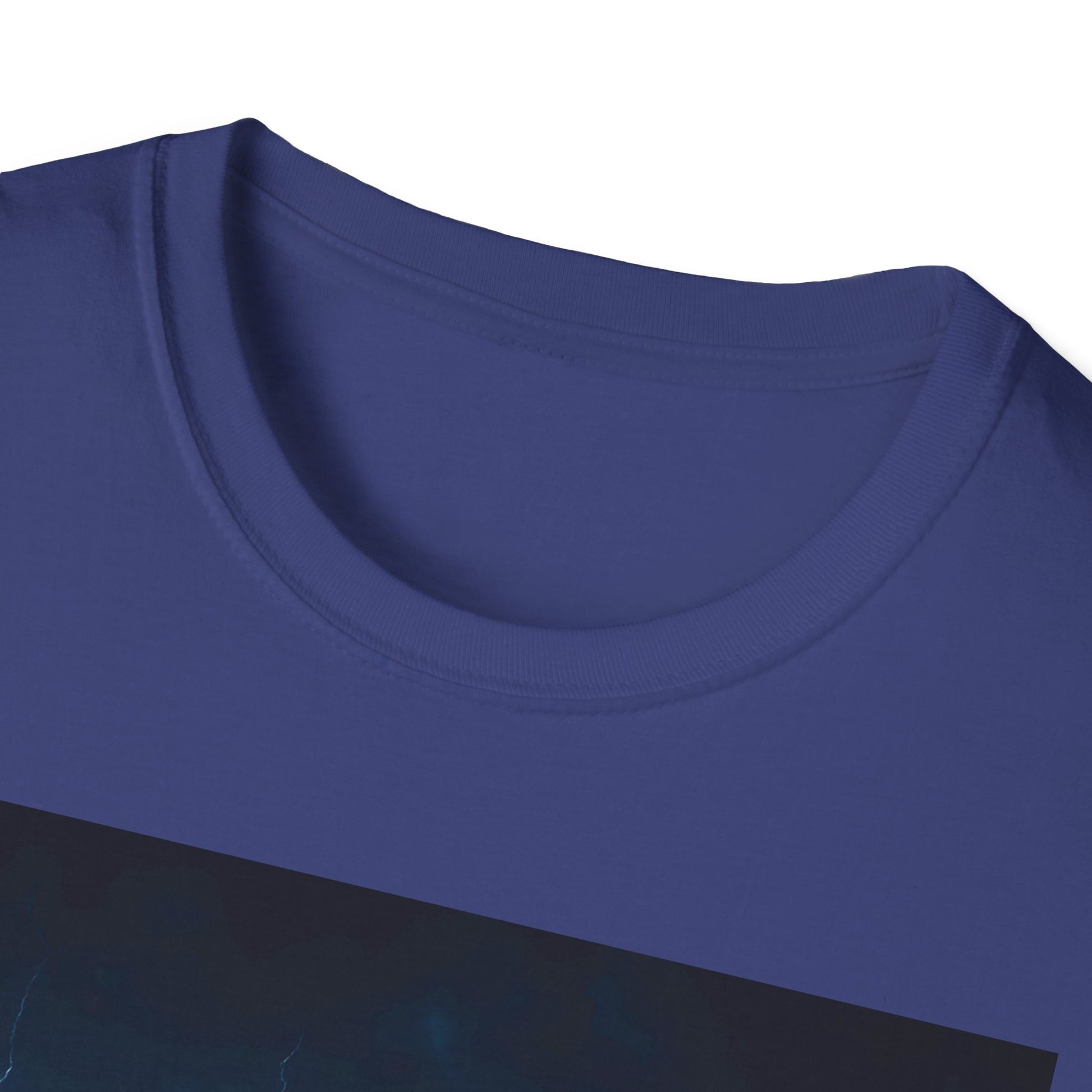 Close-up of a royal blue crew-neck T-shirt with a dark rectangular graphic at the bottom.