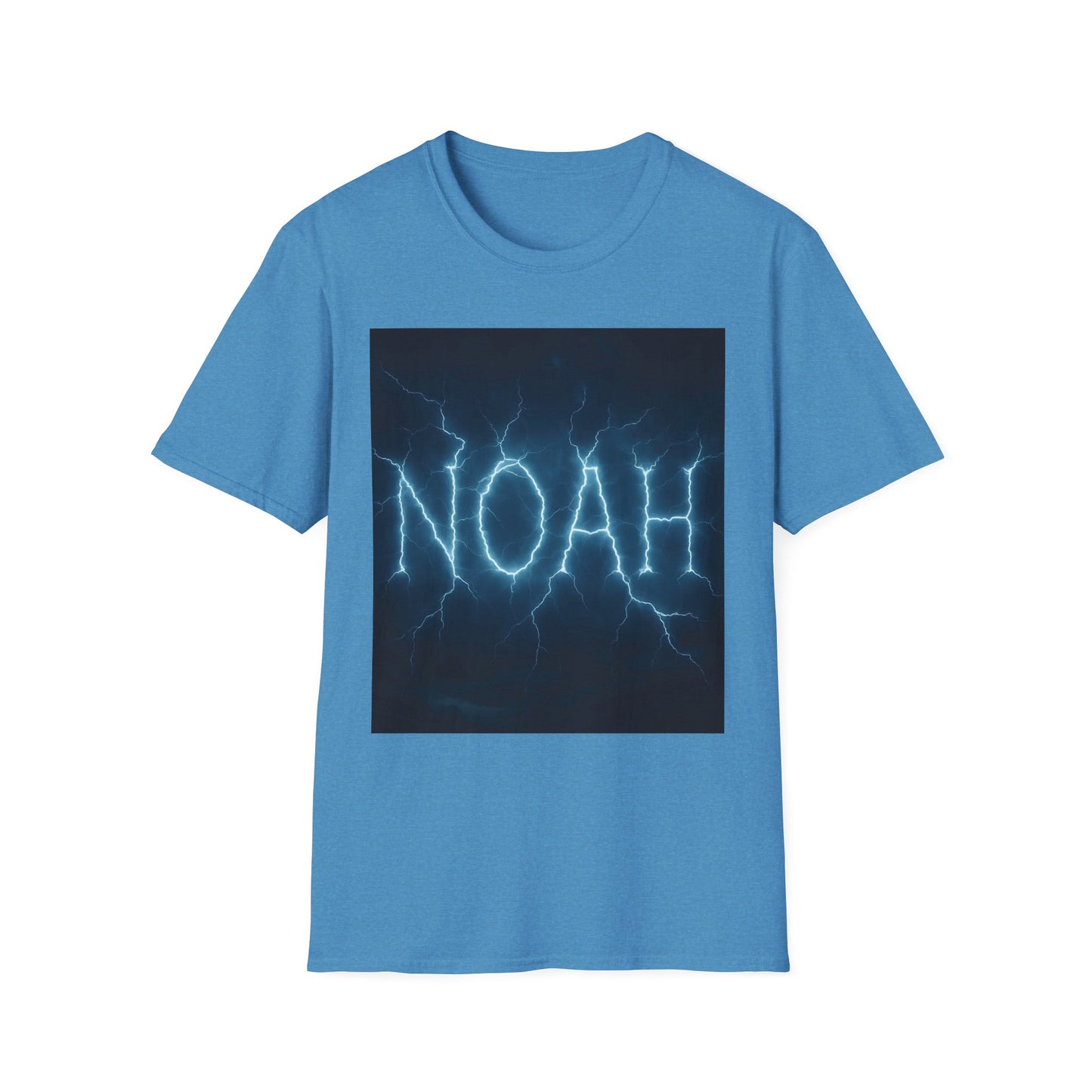 Blue short-sleeve t-shirt featuring a dark blue square graphic with the word "NOAH" formed by electric blue lightning.