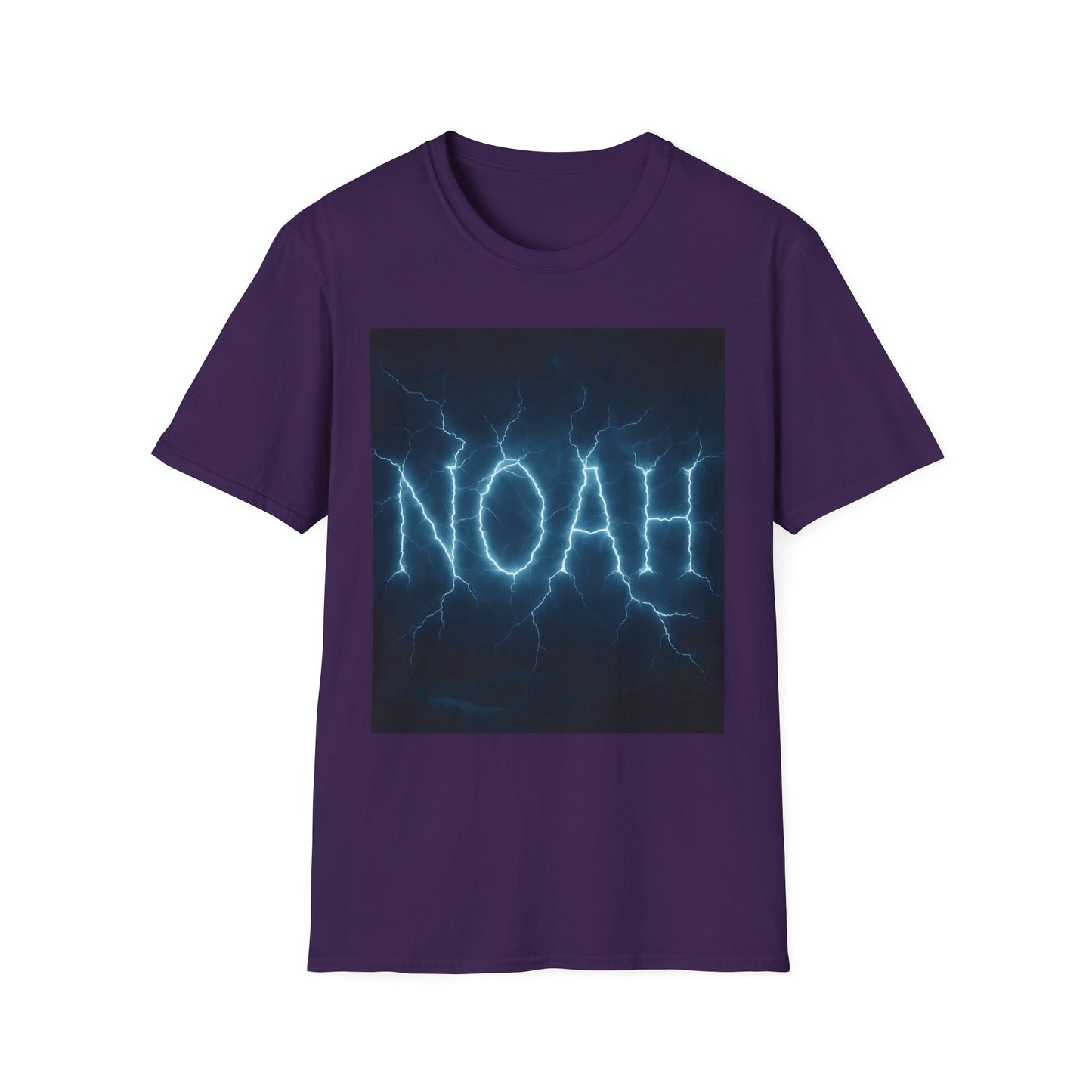 Purple short-sleeve T-shirt featuring a dark rectangular graphic with blue lightning forming the word NOAH.