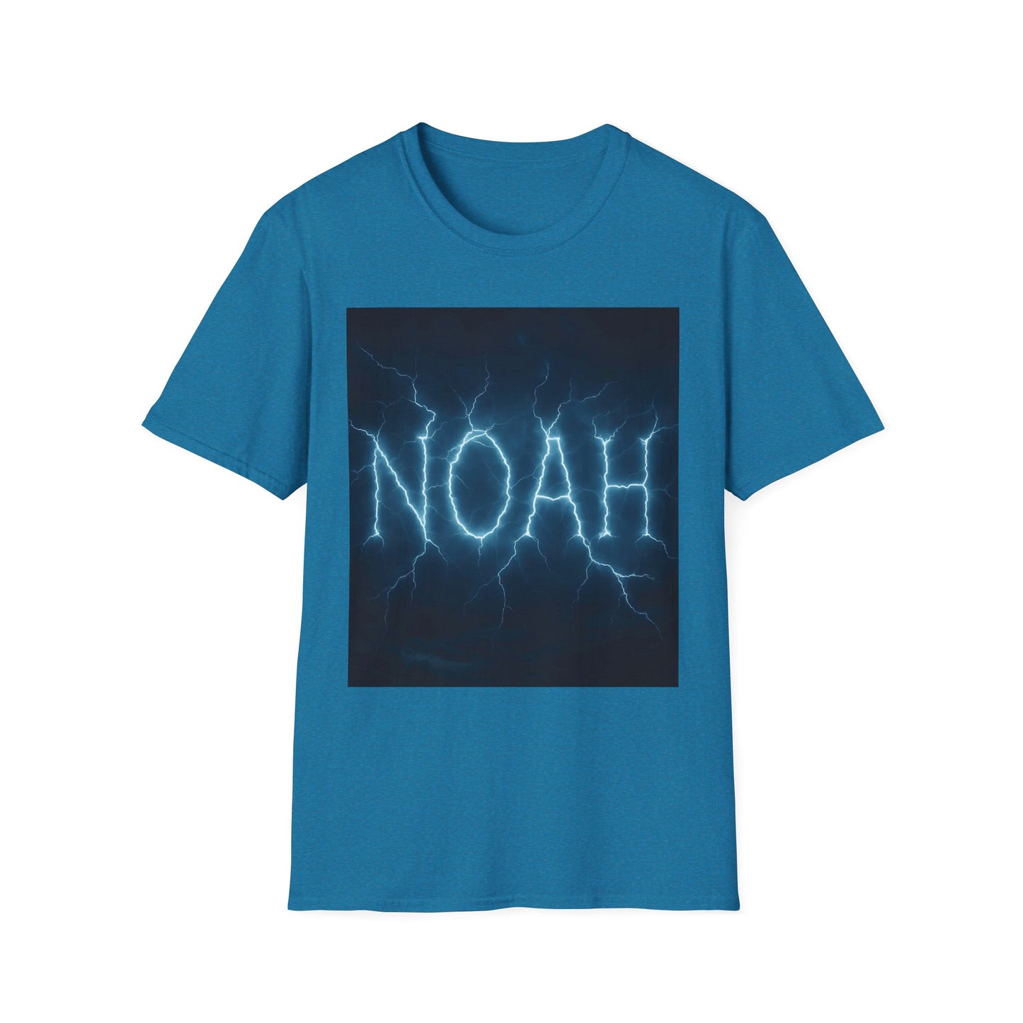 Blue short-sleeve t-shirt featuring a dark square graphic of blue lightning forming the word "NOAH.