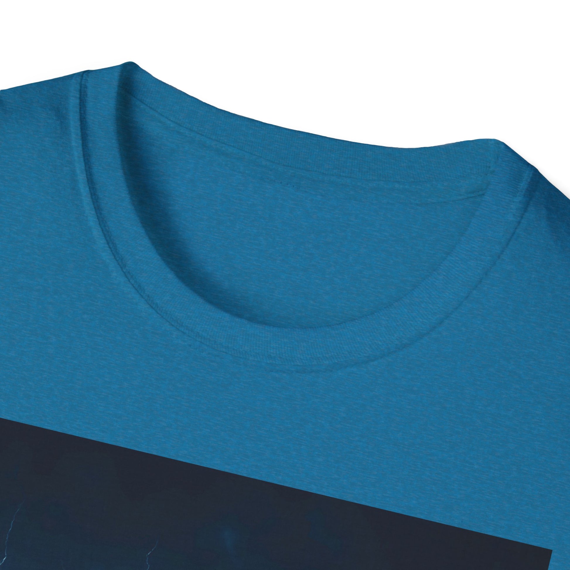 Blue crew-neck t-shirt in solid blue fabric, close-up view of the neckline and upper chest.