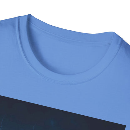 Light blue crew-neck T-shirt with a dark diagonal graphic across the chest.