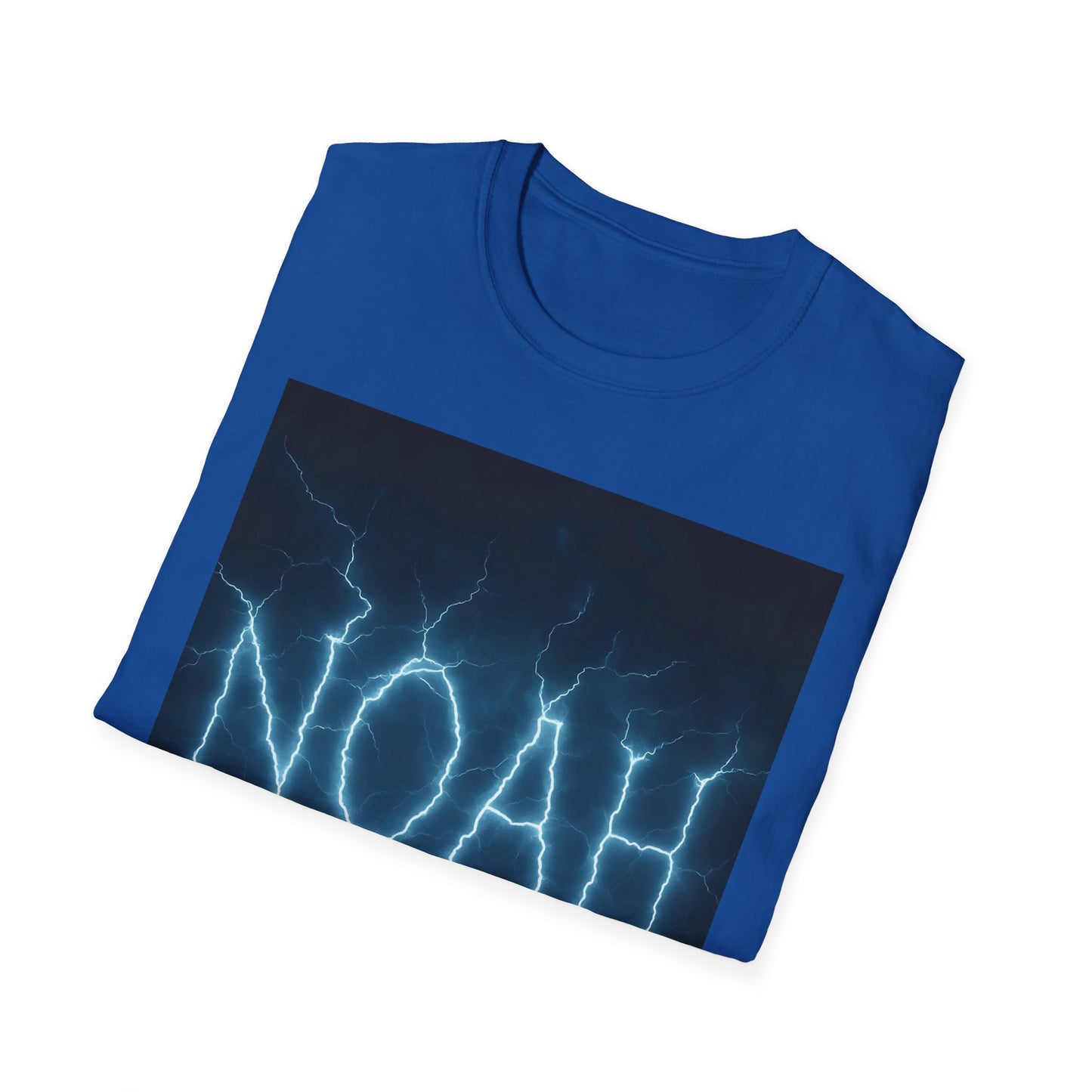 Blue crewneck T-shirt with a dark rectangular panel featuring bright white-blue lightning bolts.