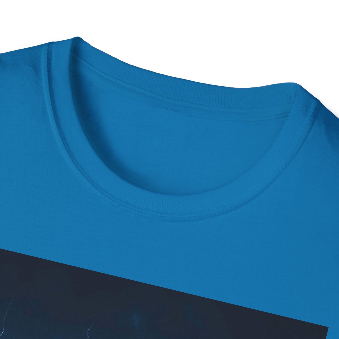 Close-up of a bright blue cotton crew-neck T-shirt with a dark diagonal graphic across the chest.