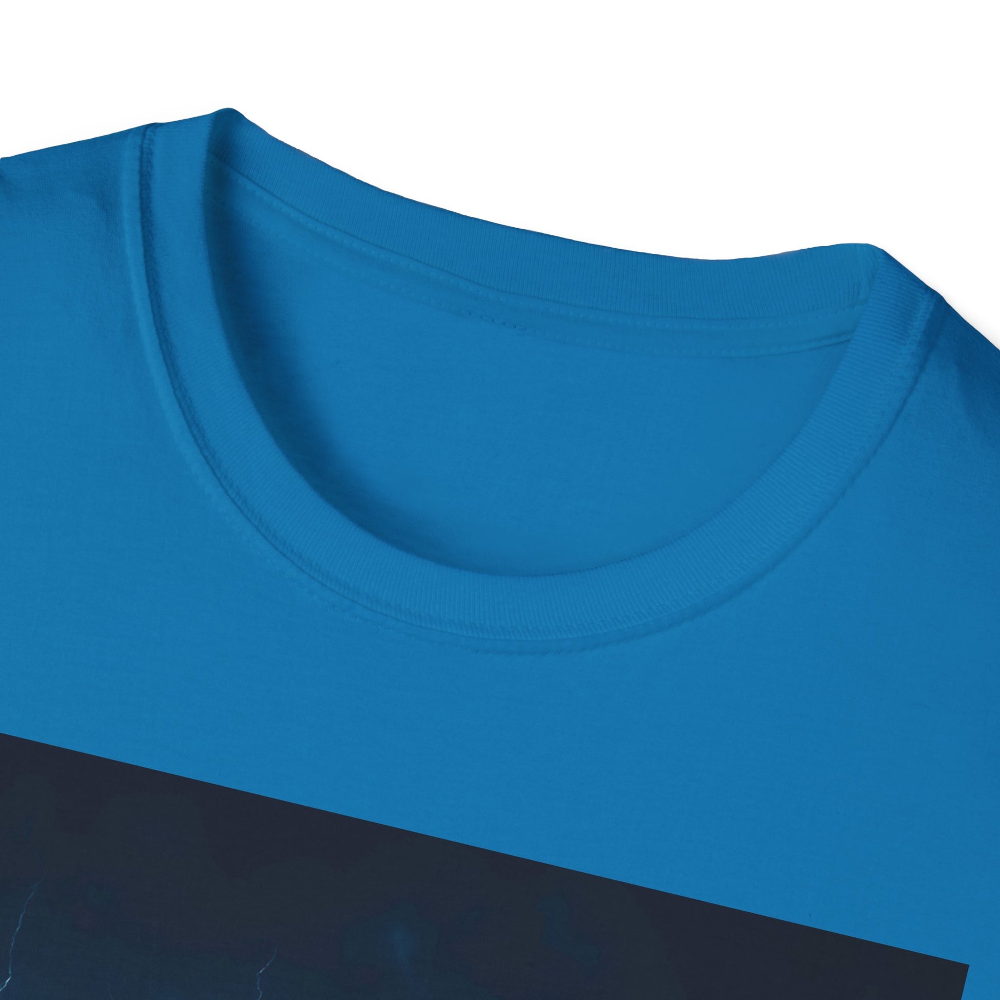 Close-up of a bright blue cotton crew-neck T-shirt with a dark diagonal graphic across the chest.