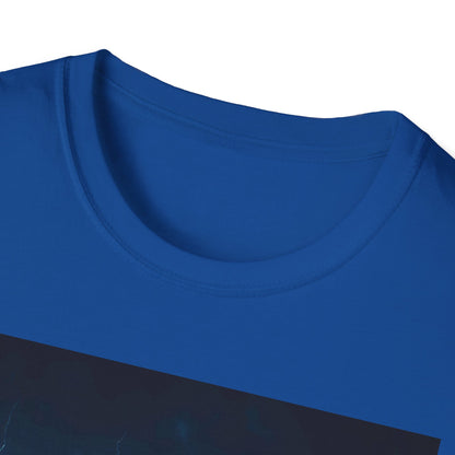 Close-up of a royal blue crew-neck T-shirt with a dark diagonal graphic near the bottom edge.