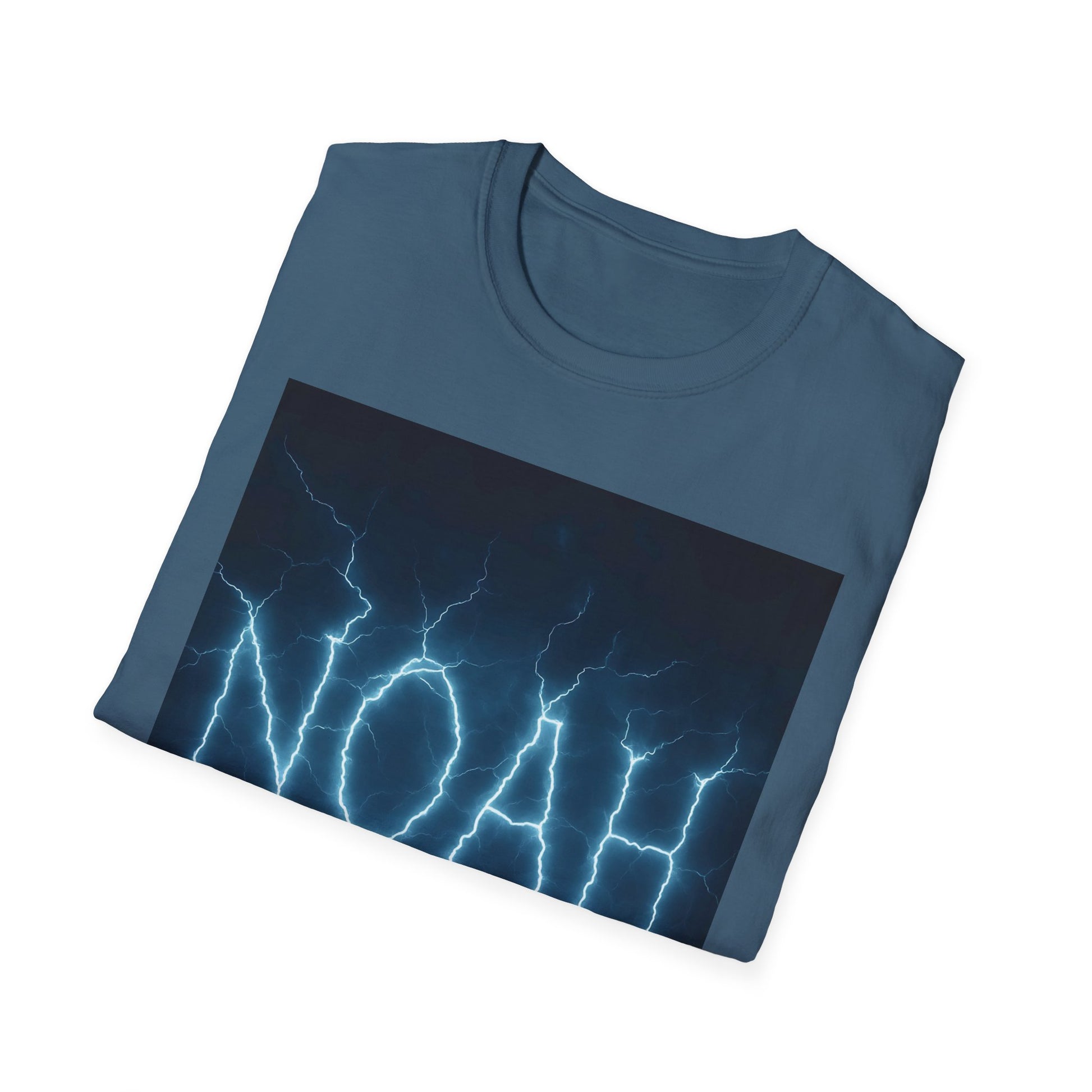 Blue crewneck T-shirt with a dark rectangular panel displaying bright white lightning bolts.