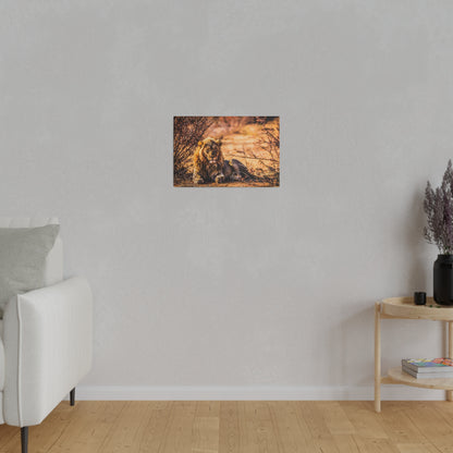 Small rectangular wall art depicting a lion lounging in dry brush under warm orange light.