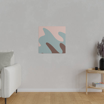 Small square abstract wall art with pastel pink, blue, and brown organic shapes hanging on a light gray wall.