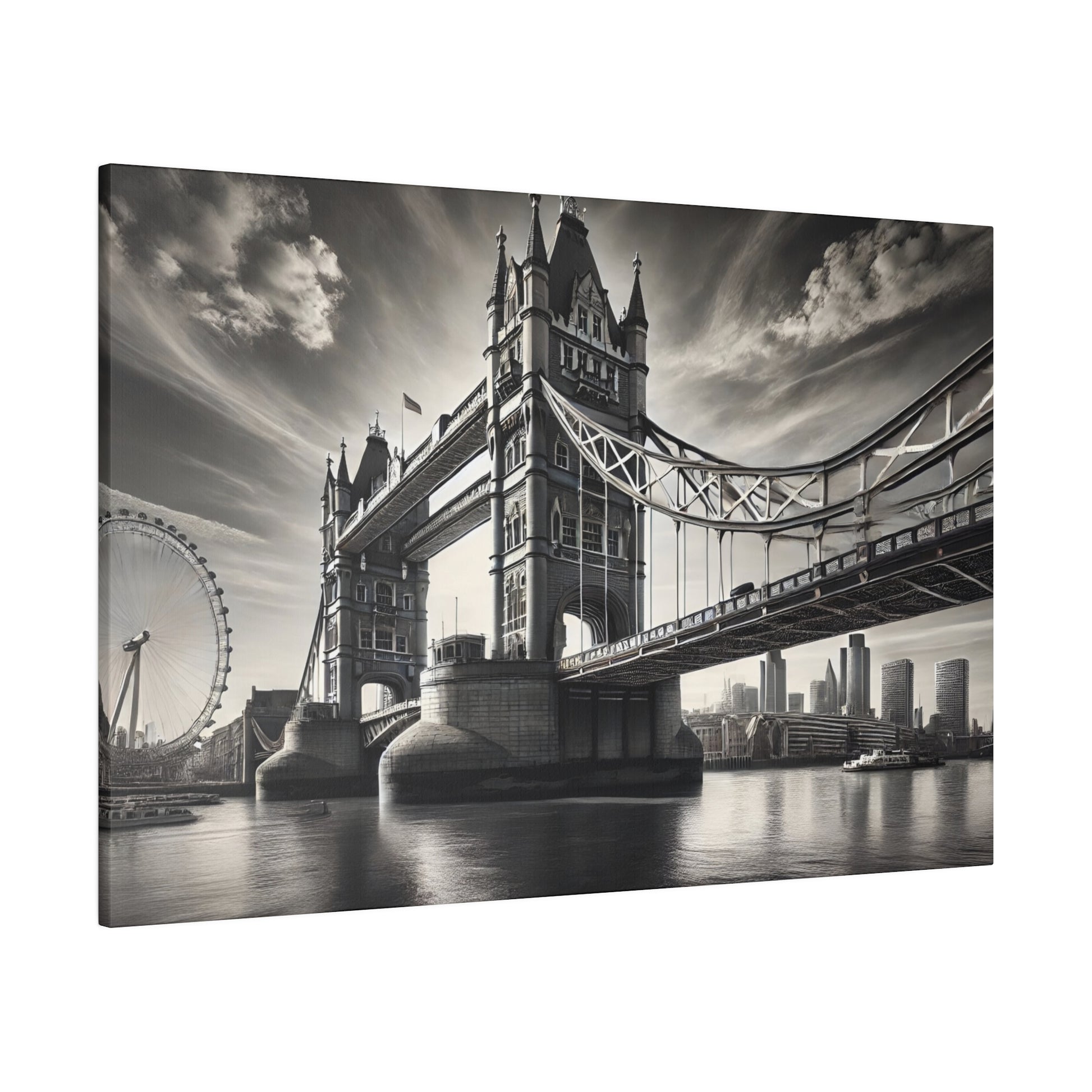 Black-and-white photo of Tower Bridge over the River Thames with the London Eye visible on the left.