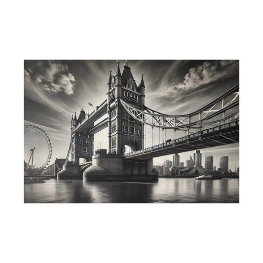 Black-and-white photograph of Tower Bridge over the River Thames with the London Eye in the background.