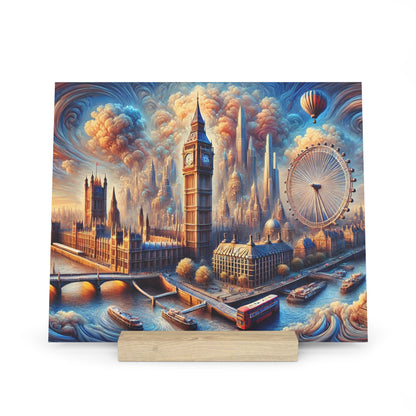 Colorful cityscape of London with Big Ben, the London Eye, bridges, boats on the Thames, and futuristic skyscrapers.