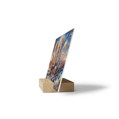 Vertical art print leaning on a light wooden block stand, showing a colorful abstract spiral design.