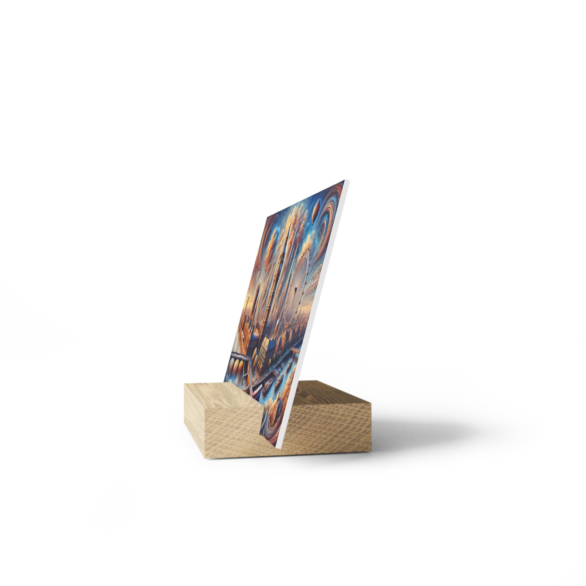 White wooden block stand holding a colorful vertical poster with abstract swirls.