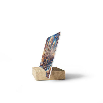 White wooden block stand holding a colorful vertical poster with abstract swirls.
