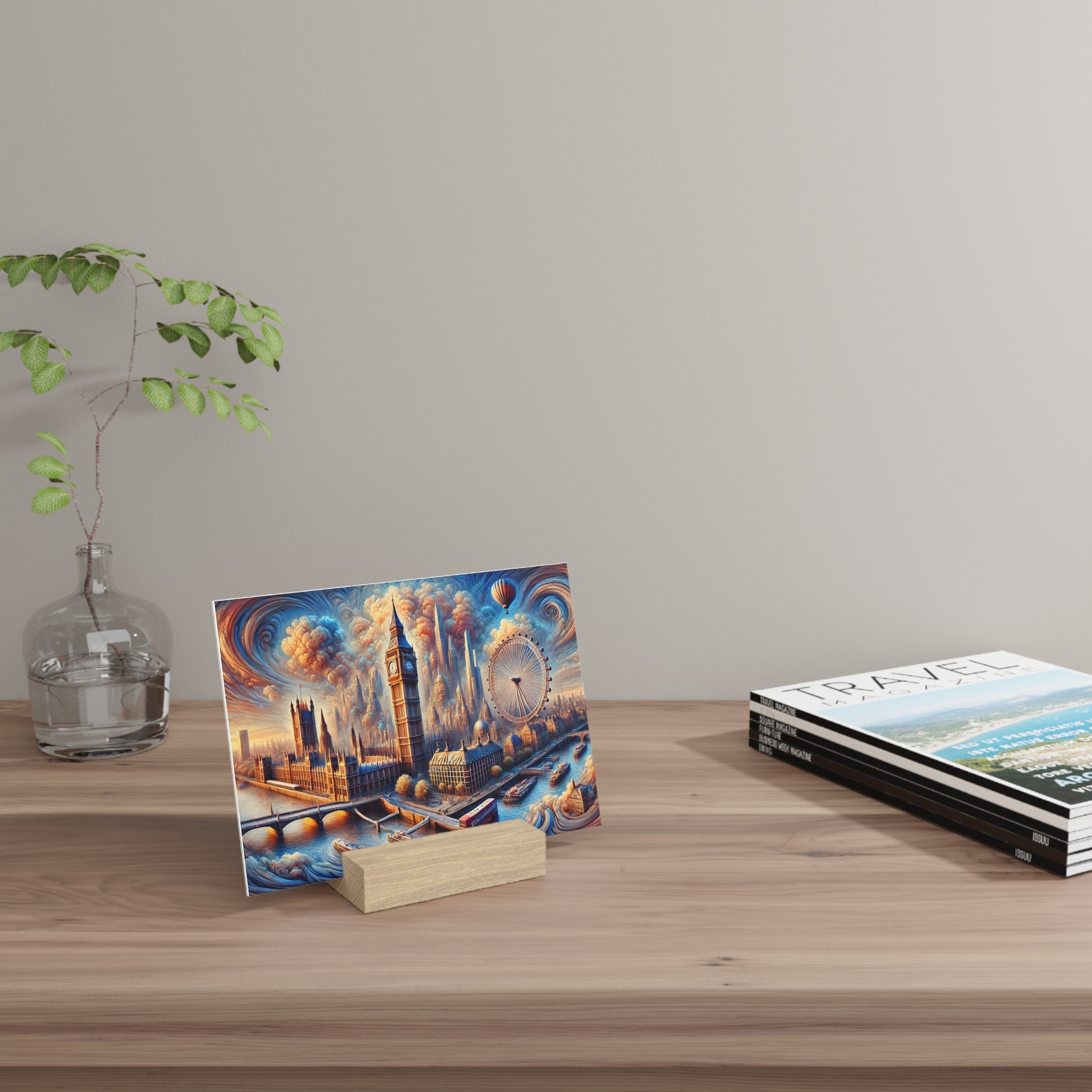 Postcard showing London's skyline rests on a wooden desk next to a glass vase with green leaves and travel magazines.