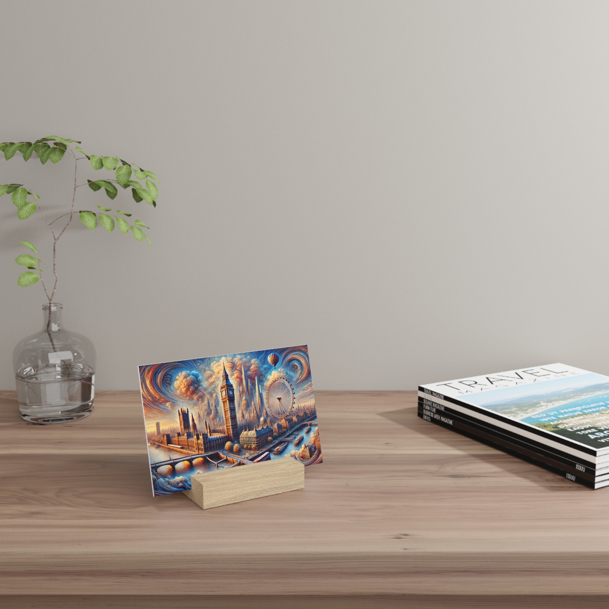 Clear glass vase with a leafy branch on the left, London skyline postcard on a wooden stand, and a stack of travel magazines on a wooden