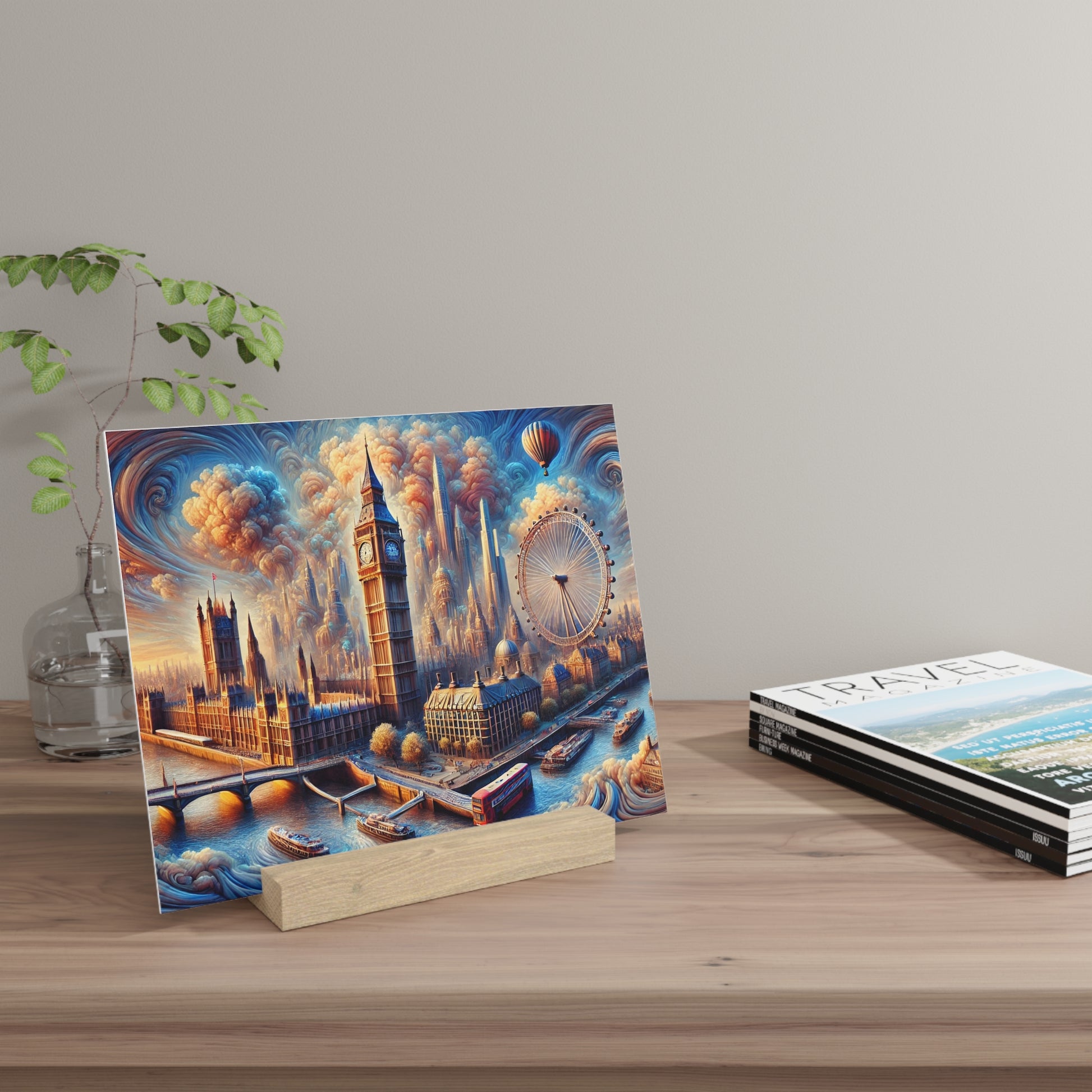 Colorful London cityscape print showing Big Ben, the London Eye, and riverfront boats, displayed on a wooden stand.