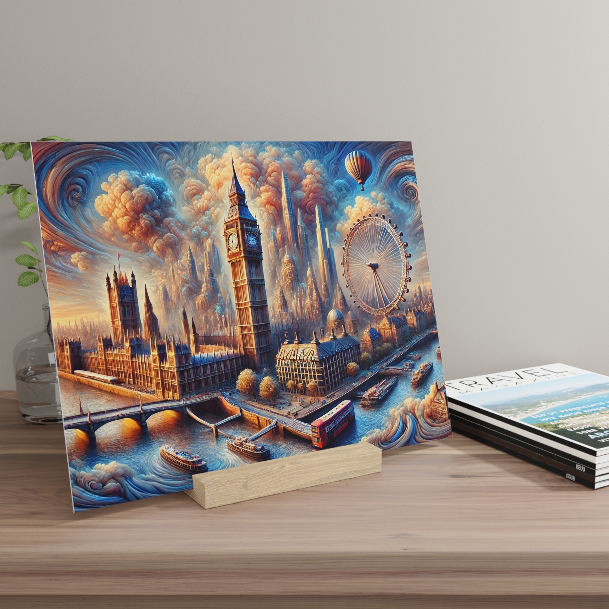 Colorful canvas print of London's skyline featuring Big Ben, the London Eye, a river with boats, and swirling clouds.