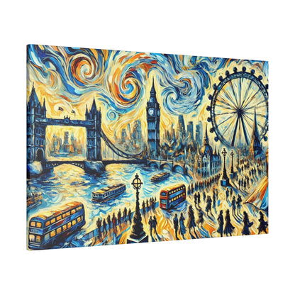 Oil painting of London skyline with Big Ben, London Eye, Thames boats, red double-decker buses and swirled blue-yellow sky.