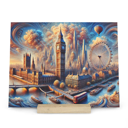 Vibrant fantasy cityscape of London featuring Big Ben, the London Eye, a river with boats, and swirling orange-blue clouds.