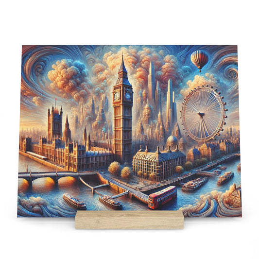 Vibrant fantasy cityscape of London featuring Big Ben, the London Eye, a river with boats, and swirling orange-blue clouds.