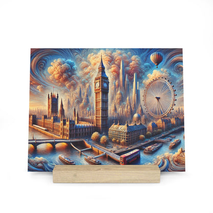 Colorful cityscape print of London featuring Big Ben, the London Eye, and the Thames with boats, mounted on a light wood stand.