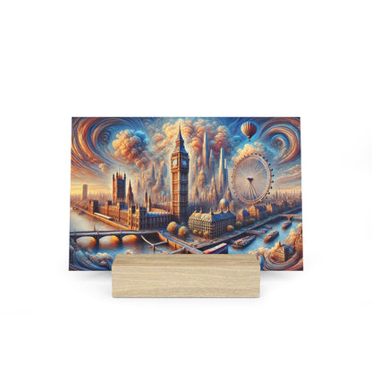 Colorful cityscape art of London showing Big Ben, the London Eye, and the Thames with a light wooden display stand.