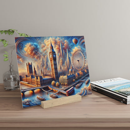 Colorful canvas print of a London cityscape with Big Ben, the London Eye, boats on the river, and a hot air balloon above.