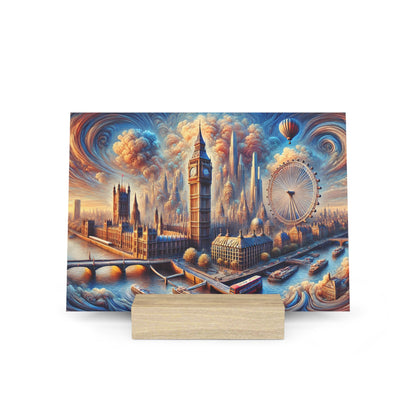 Colorful fantasy cityscape with Big Ben, London Eye, and a river full of boats, framed as a canvas on a wooden stand.