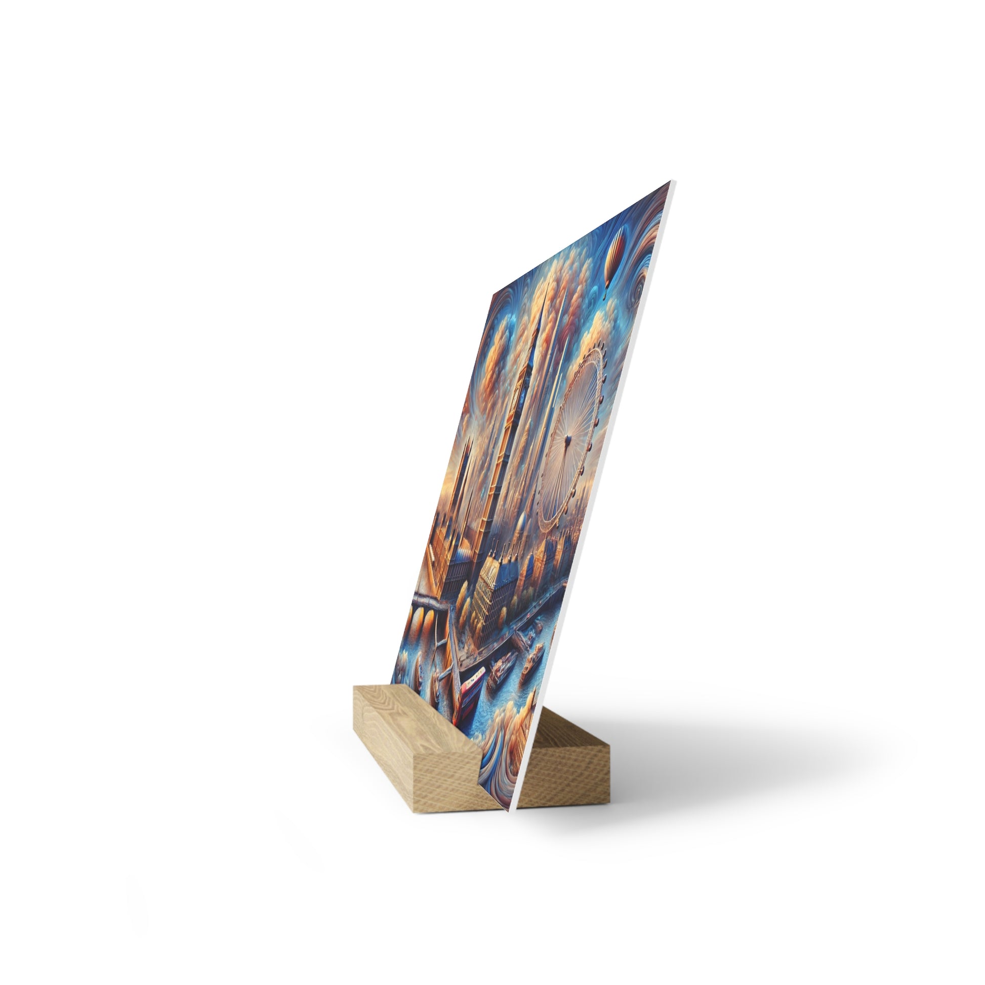 Colorful poster featuring a ferris wheel and amusement park rides, propped on a light wood angled display stand.