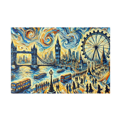 Vibrant painting of London skyline featuring Tower Bridge, Big Ben, London Eye, river Thames with boats and crowds.