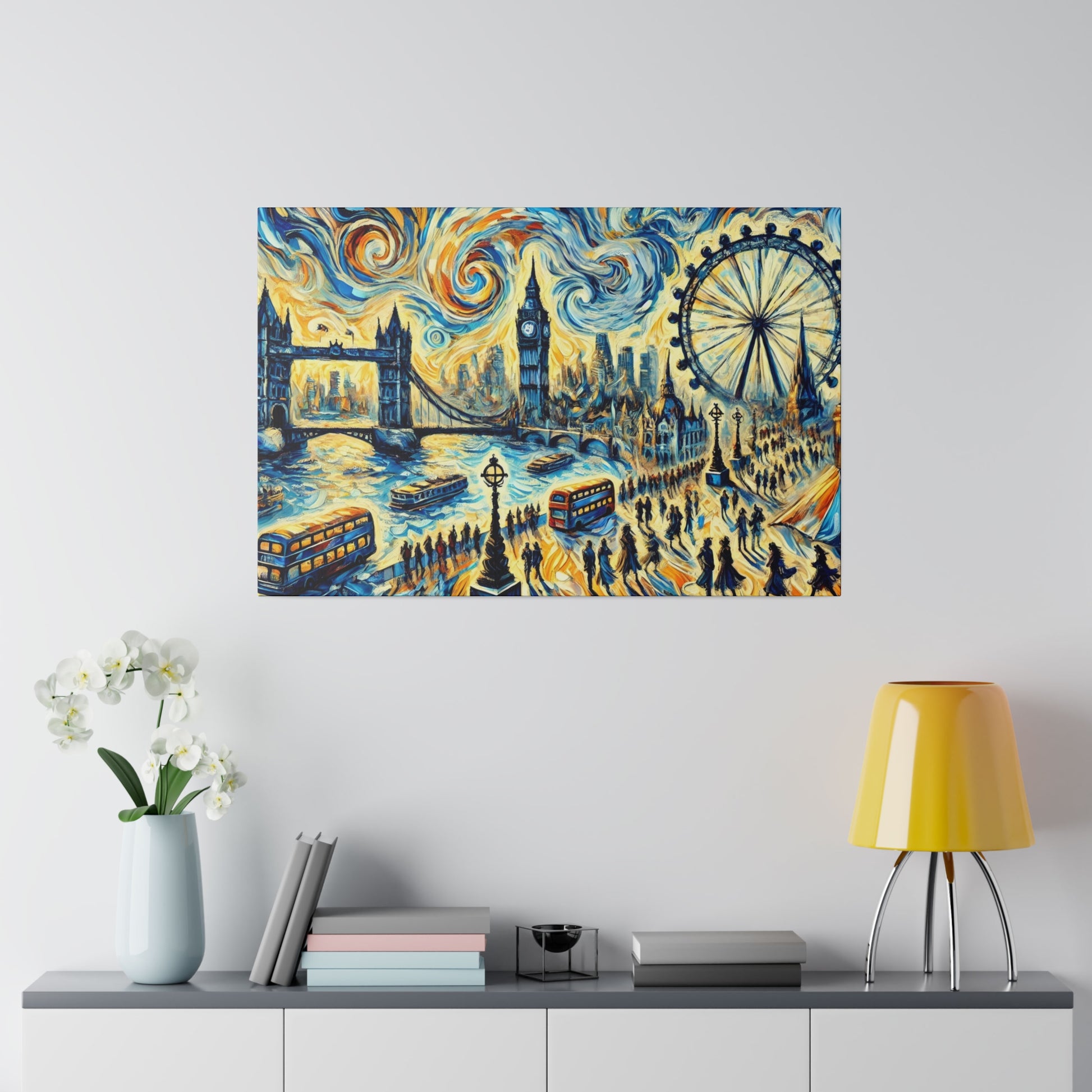 Colorful painting of London skyline with Tower Bridge, Big Ben, London Eye, boats on the river, and crowds along the riverbank.