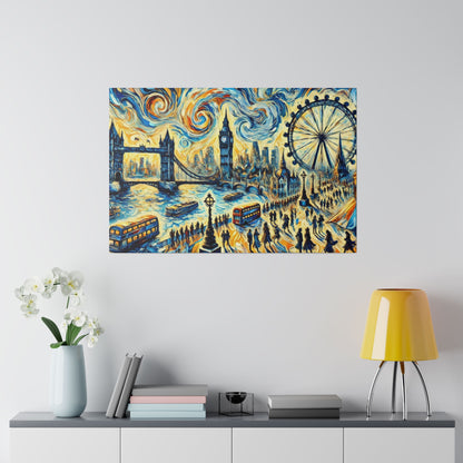 Colorful painting of London skyline with Tower Bridge, Big Ben, London Eye, boats on the river, and crowds along the riverbank.