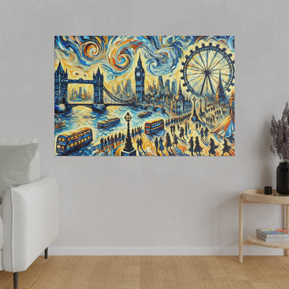 Vibrant painting of London cityscape with Big Ben, London Eye, Tower Bridge, boats on a swirling, colorful sky.