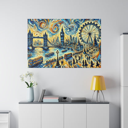 Vibrant painting of the London skyline showing Tower Bridge, Big Ben, the London Eye, boats on the river, and crowds along the shore.