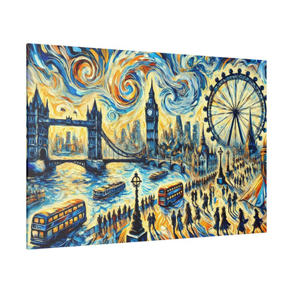 Vibrant swirling painting of London with Tower Bridge, Big Ben, the London Eye, boats on the Thames, and a crowded riverside.