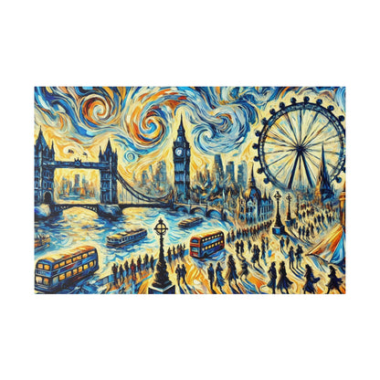 Vivid painting of a London cityscape featuring Tower Bridge, Big Ben, the London Eye, and red double-decker buses along the river.