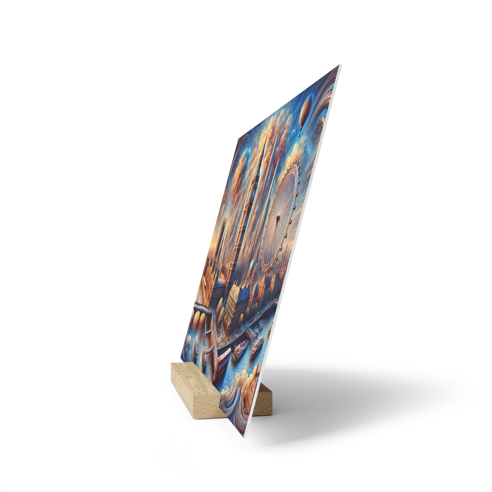Slanted printed poster on a wooden block stand, depicting a colorful cityscape with a Ferris wheel.