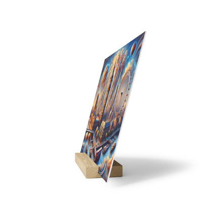 A tall, angled photo print on a light wooden stand showing a colorful cityscape with a ferris wheel.