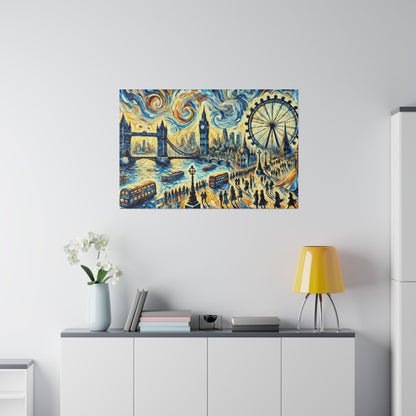 Colorful painting of London skyline with Big Ben, London Eye, bridges and buses along a riverside street.
