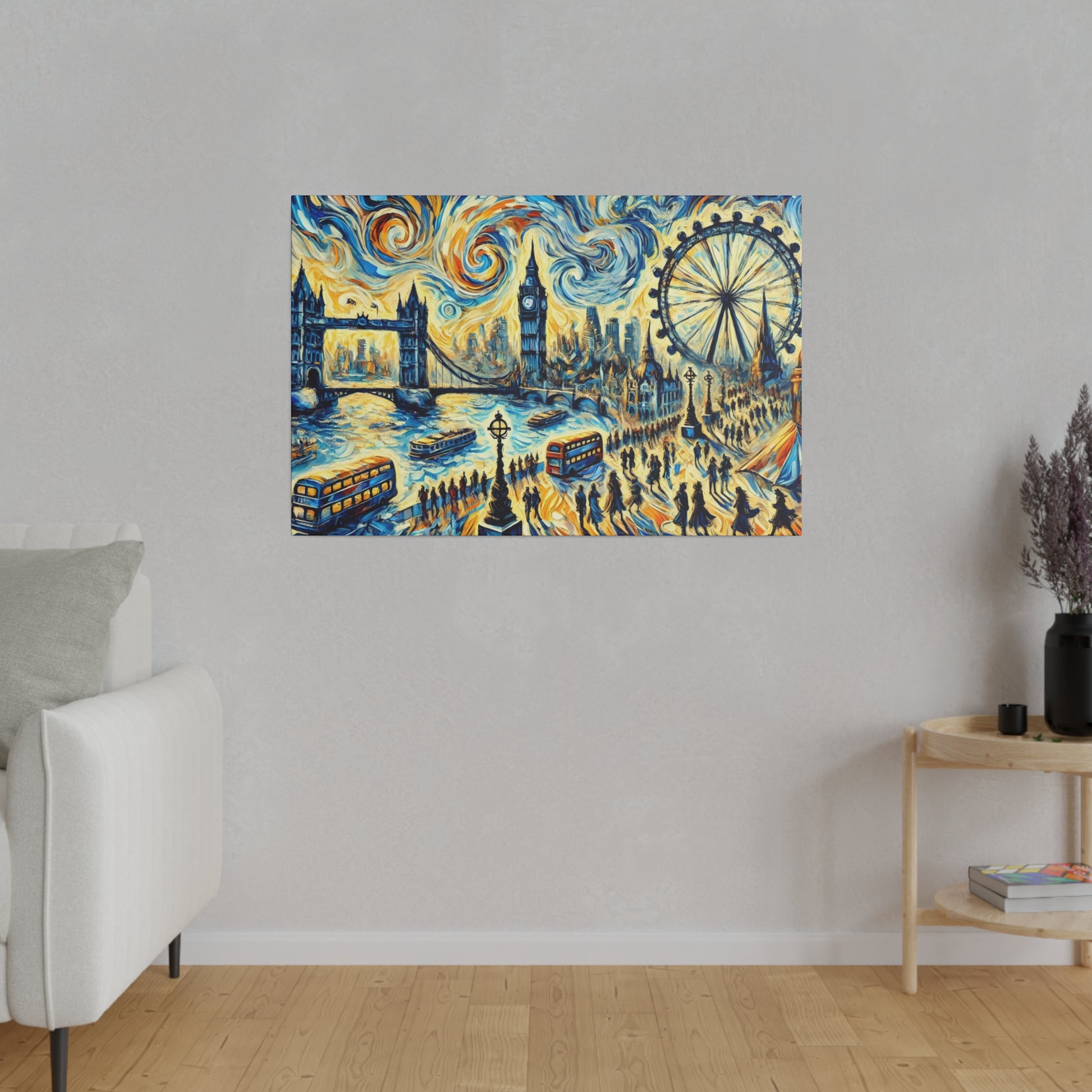 Colorful painting of London skyline with Big Ben, the London Eye, Tower Bridge, buses, and swirling sky.