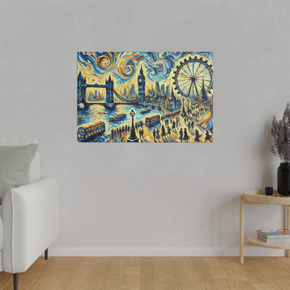 Colorful painting of London skyline with Big Ben, the London Eye, Tower Bridge, buses, and swirling sky.