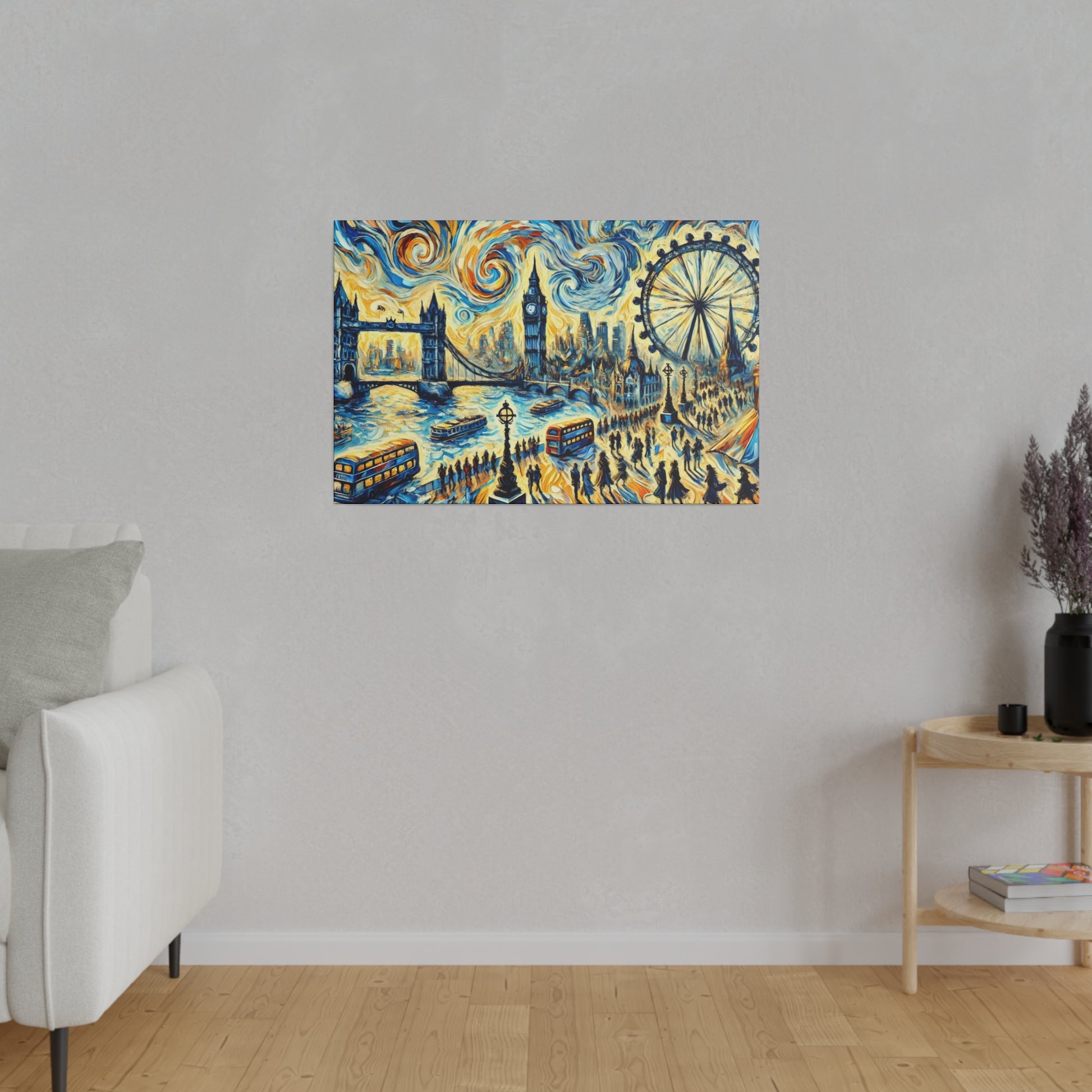 Colorful painting of London skyline with the London Eye, Tower Bridge, and swirled blue-yellow sky on a light gray wall.