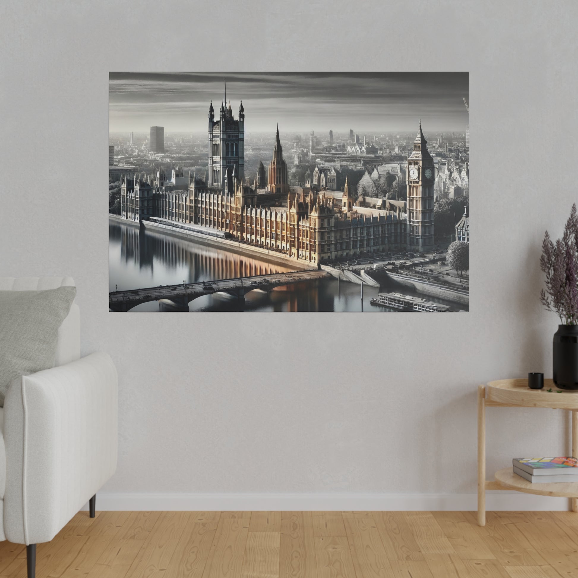 Large wall art depicting London’s Westminster Parliament and Big Ben along the Thames, in grayscale with warm stone tones.