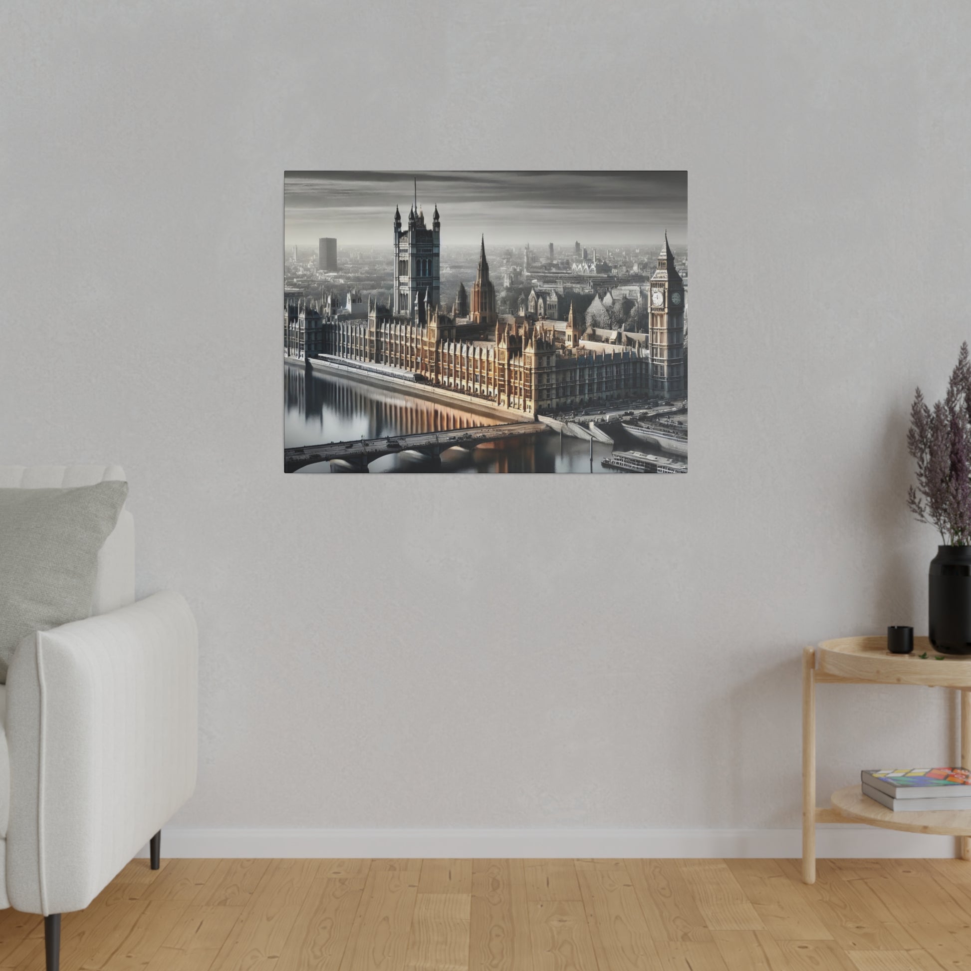 Framed canvas print of London's Houses of Parliament and Big Ben by the Thames, in muted colors.