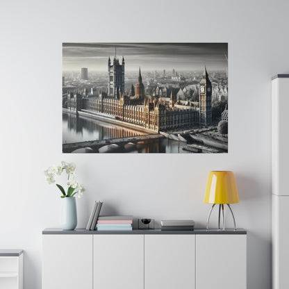 Grayscale image of London's Parliament buildings with Big Ben along the Thames, hung above a white cabinet with a yellow lamp.